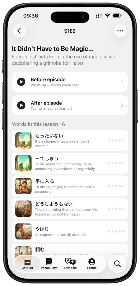 Show detail with episode list — tap any episode to build a focused Japanese lesson.