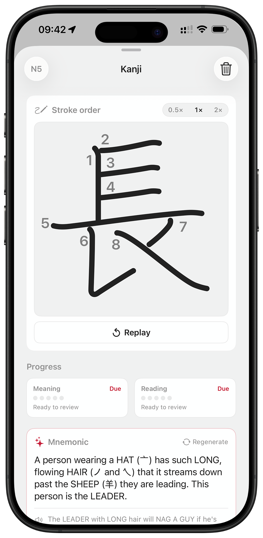 Kanji detail sheet with stroke order animation and an AI-generated memory story that ties strokes to meaning.